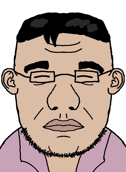 olegjak, 1soyjak, black hair, bunta fujiwara, closed eyes, closed mouth, clothes, ear, fat, front view