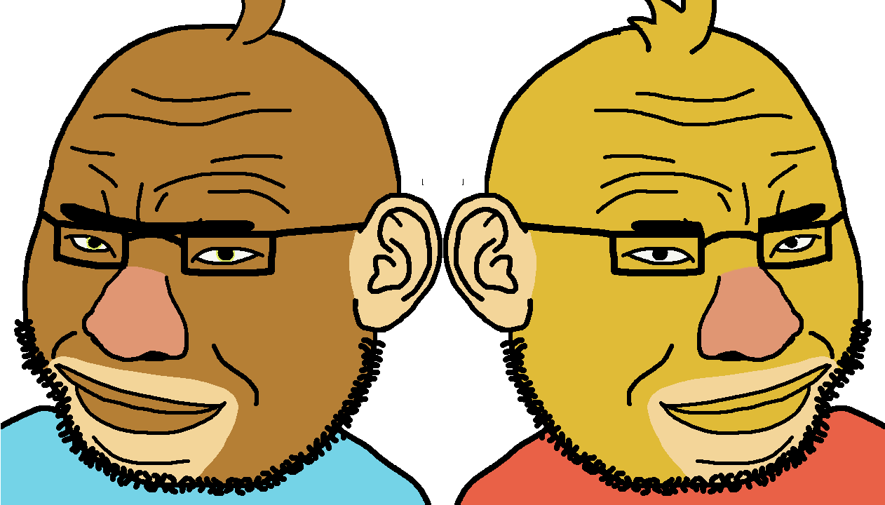 disgusting beefsoupcreature, 2soyjaks, bald, black eyes, brown skin, closed mouth, ear, glasses, looking at you, mongol