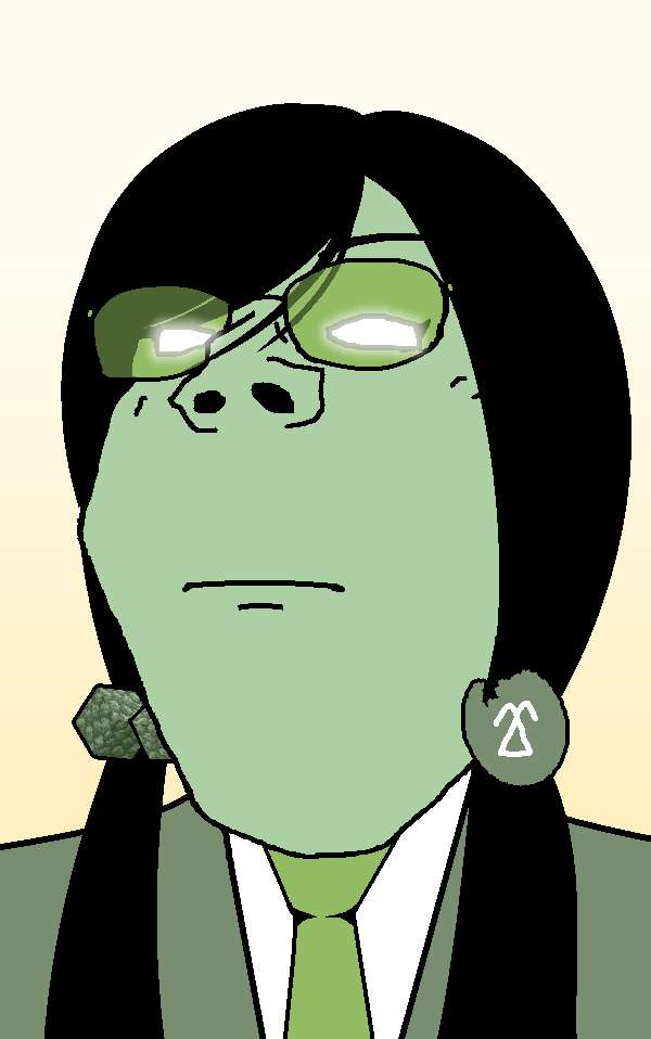 admin thrembo, gapejak, female gapejak, femjak, closed mouth, clothes, female, glasses, glowing eyes, green skin
