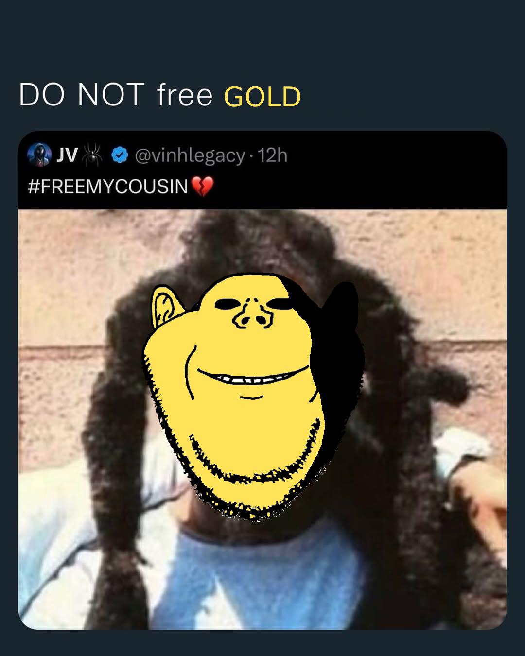 impish soyak ears, 1soyjak, closed mouth, completed, front view, gold, hidden eyes, imminent rape, looking at you, no glasses