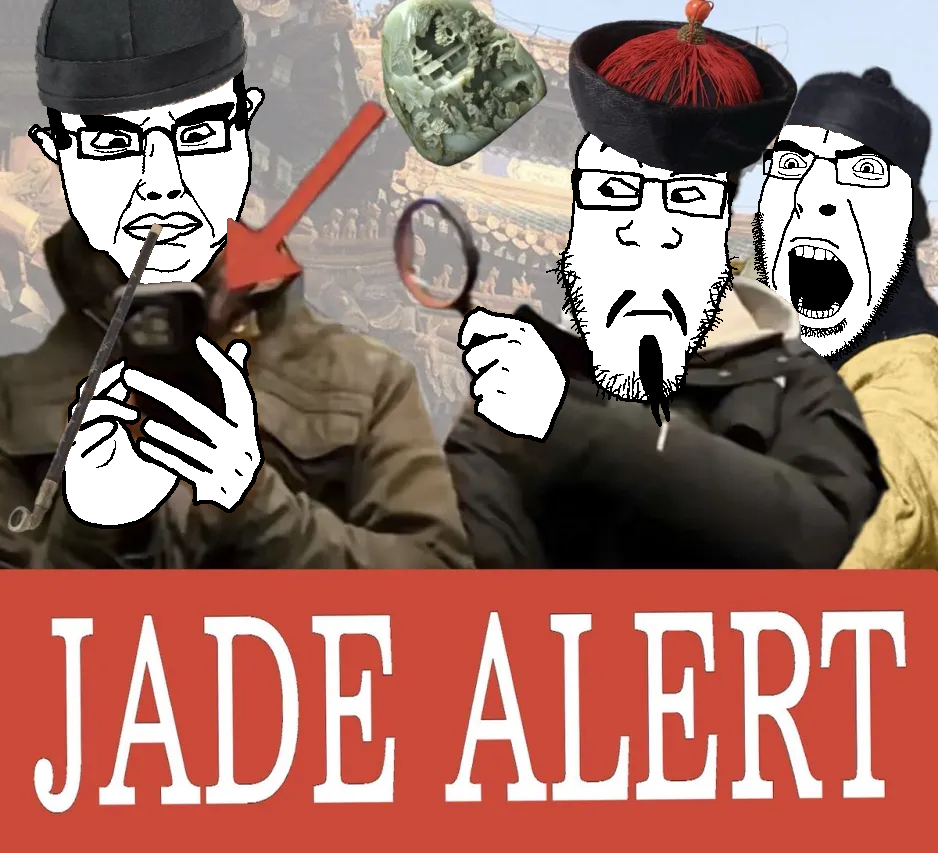 chudjak, cobson, markiplier soyjak, chudjak front, neutralplier, 3soyjaks, ancient china, chinese, closed mouth, jade