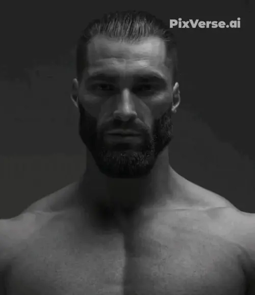gigachad, beard, button, closed mouth, front view, hair, half body, looking at you, open eyes, pressing button
