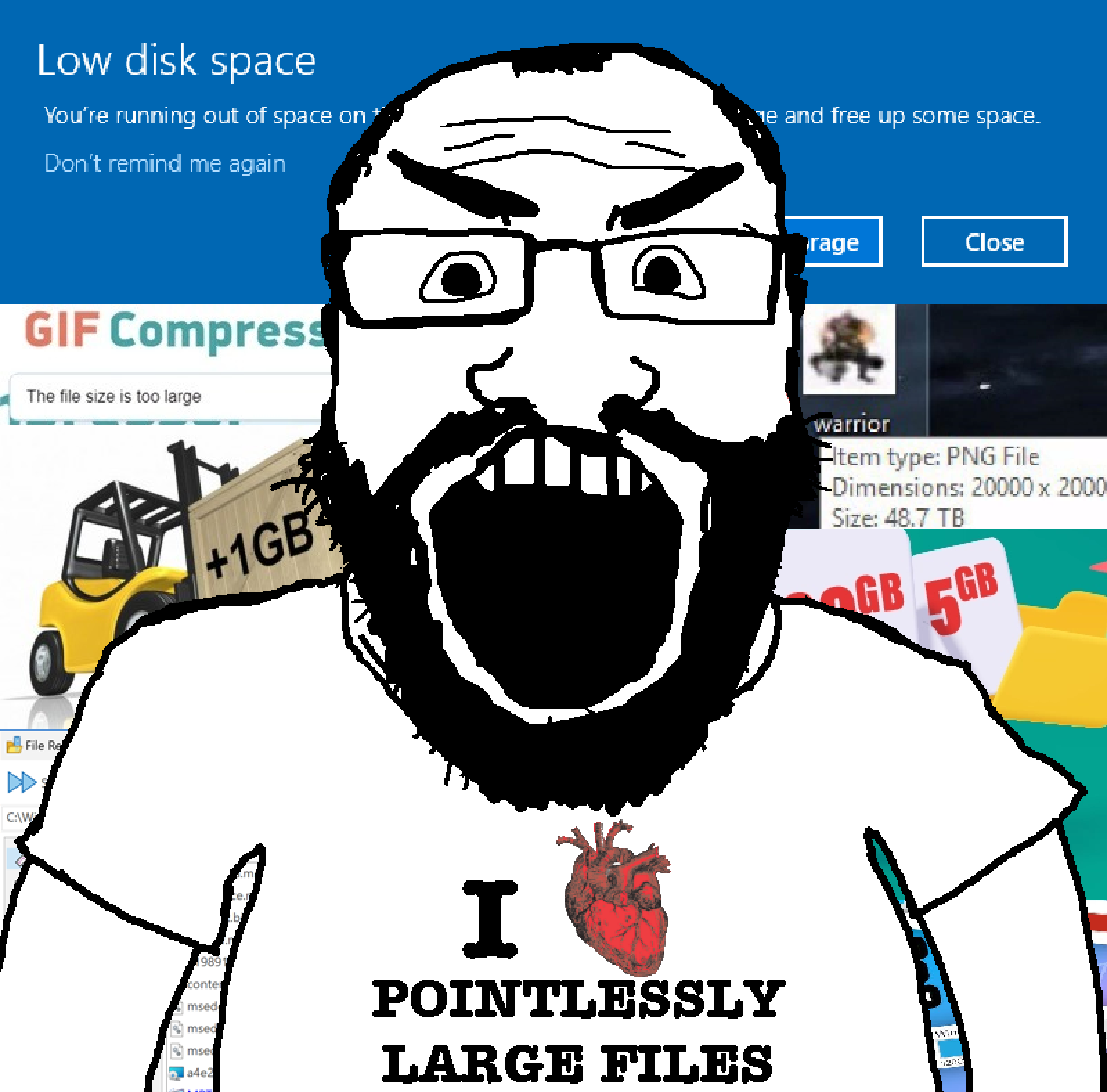 heavy (team fortress 2), markiplier soyjak, science lover, balding, beard, black hair, clothes, disk space, files, forklift