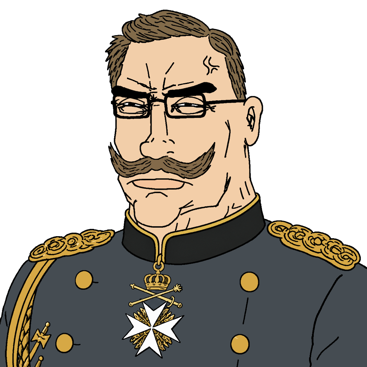 chudjak, perceptive chud, blonde hair, buff, closed mouth, german empire, glasses, hair, half body, half closed eyes