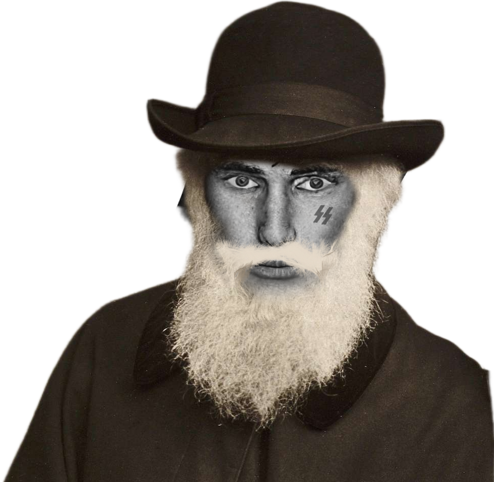der coomer, gigachad, beard, black shirt, charles darwin, closed mouth, clothes, darwinism, eyebrows, gray eyes