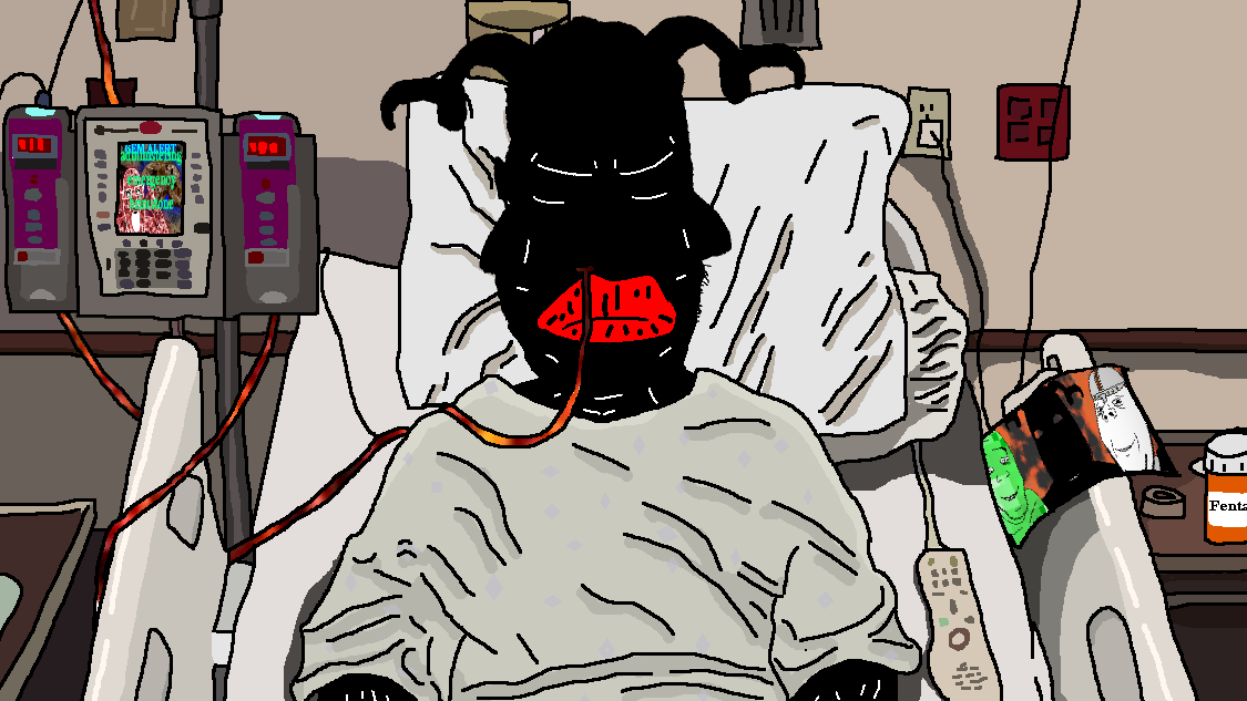 An artistic rendition of Brimnigger's holy water gem poisoning, he is left bed ridden unable to do anything else but goon to his fetishes, he is hooked up to a brimstone machine and given fentanyl…