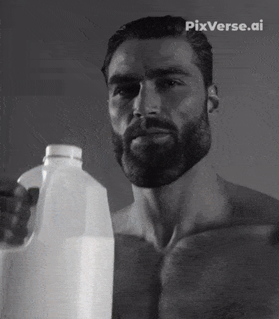 gigachad, gigamilk, 1soyjak, animated, back view, beard, black eyes, black hair, buff, closed mouth