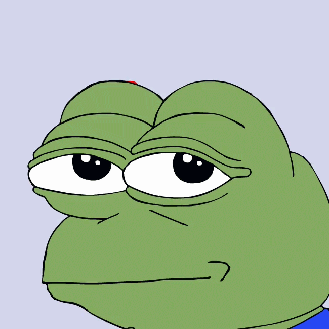 pepe, animated, black eyes, blue background, blue shirt, brian, closed mouth, front view, green skin, looking to the right