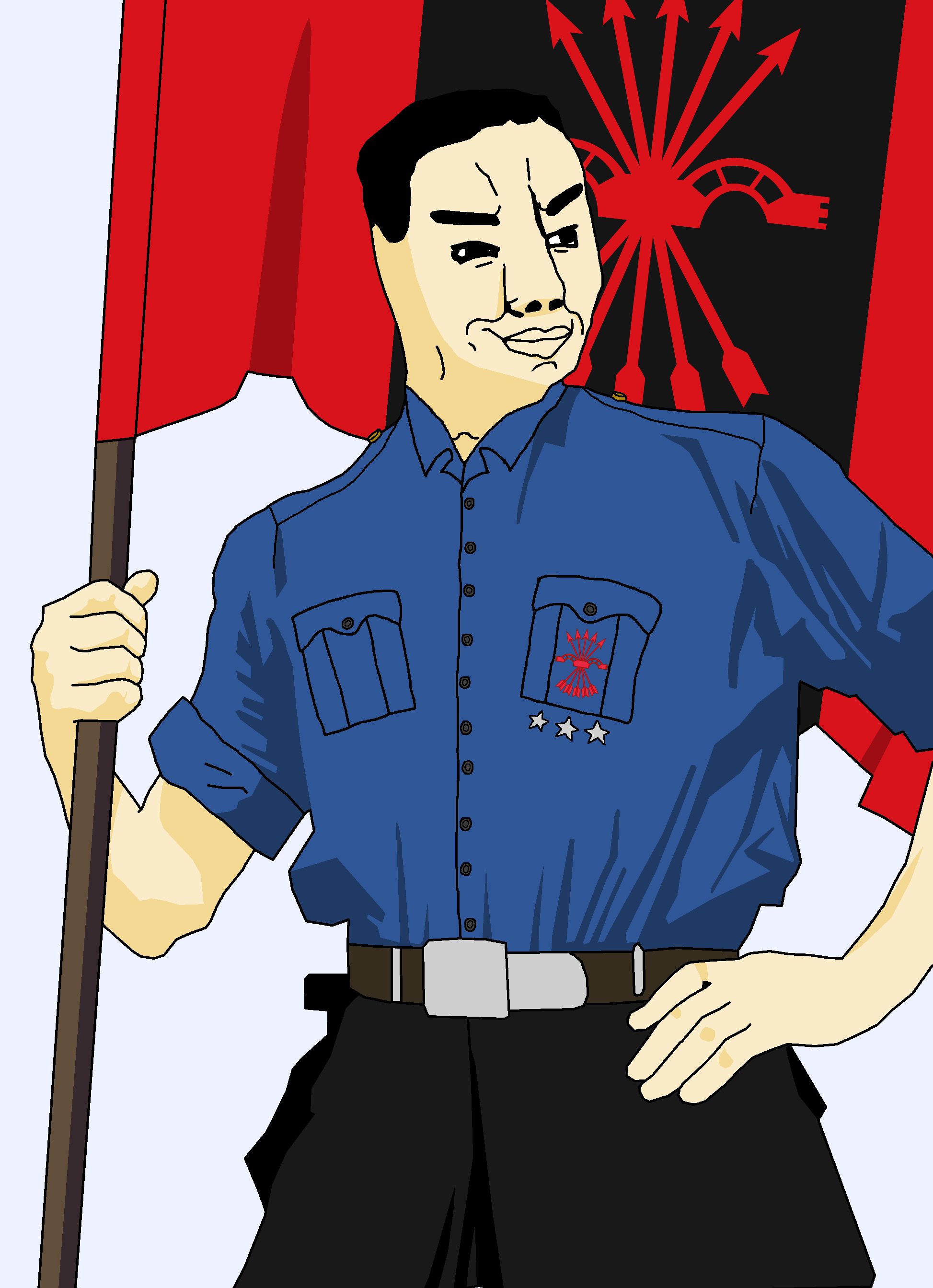chudjak, militant chud holding flag, militant chud holding flag, belt, black pants, blue shirt, closed mouth, clothes, falanga, falange de las jons