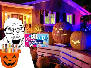 feraljak, angry, bucket, candy, food, glasses, halloween, hands, holding object, irl background