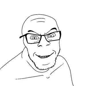 feraljak, 1soyjak, eyebrows, forehead lines, glasses, looking at you, monochrome, open mouth, smile, smirk