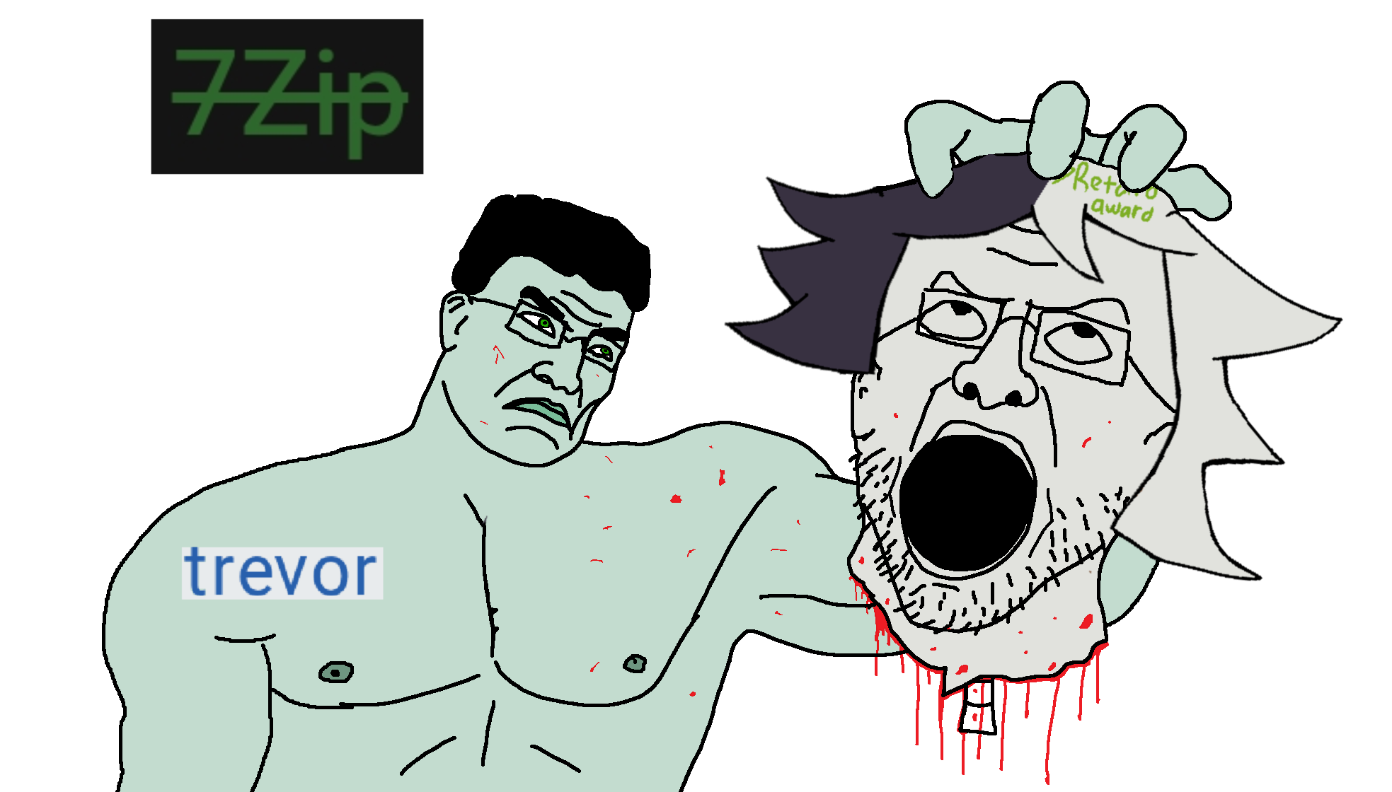 zip, chudjak, kratos chudjak, chud's hitman, trevor beheading namefags, 2soyjaks, black eyes, black hair, blood, buff