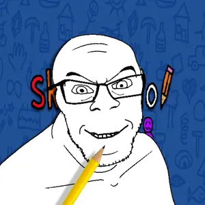 feraljak, blue background, glasses, open mouth, pencil, skribbl io, smile, smug, soyjak, stubble