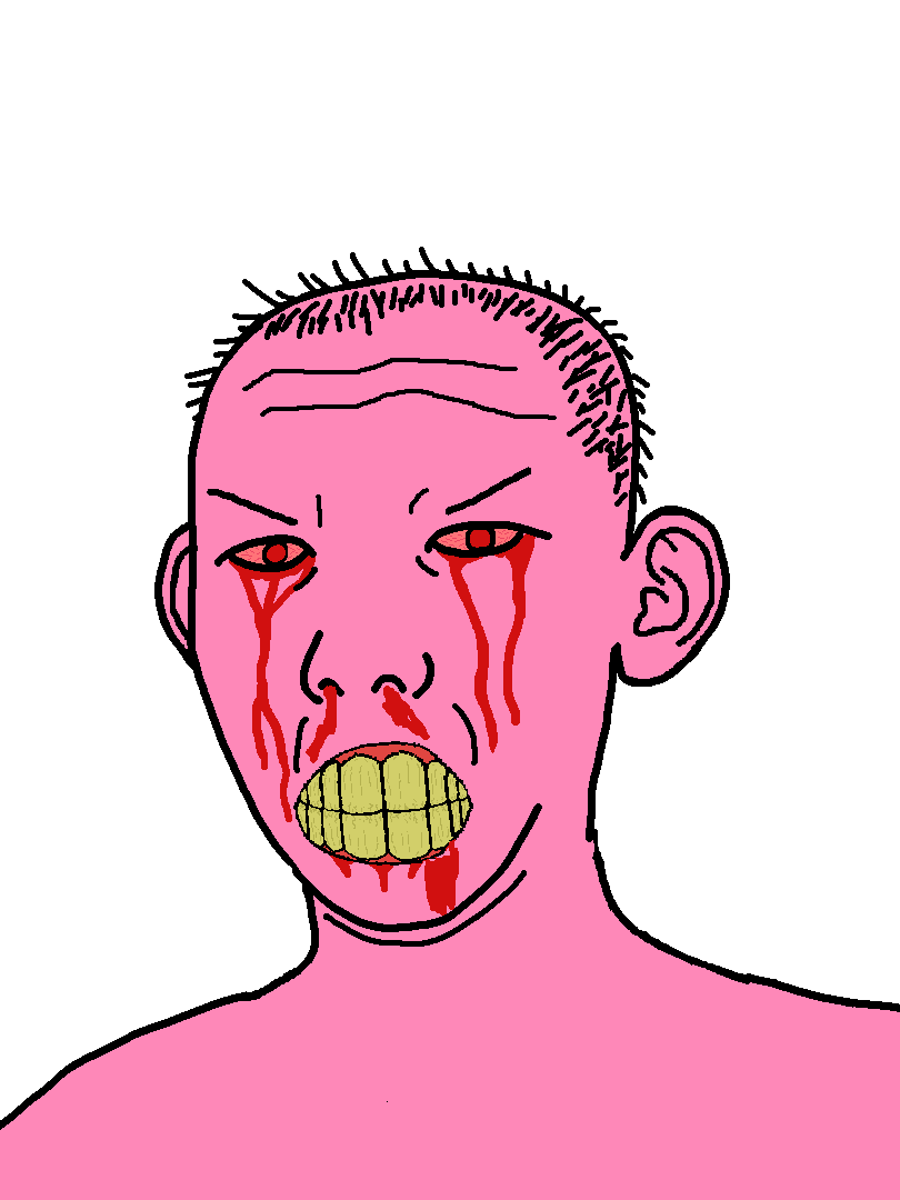 kuzjak, pink rage, angry, blood, blood from eyes, blood from mouth, blood from nose, blood on face, bloodshot eyes, clenched teeth