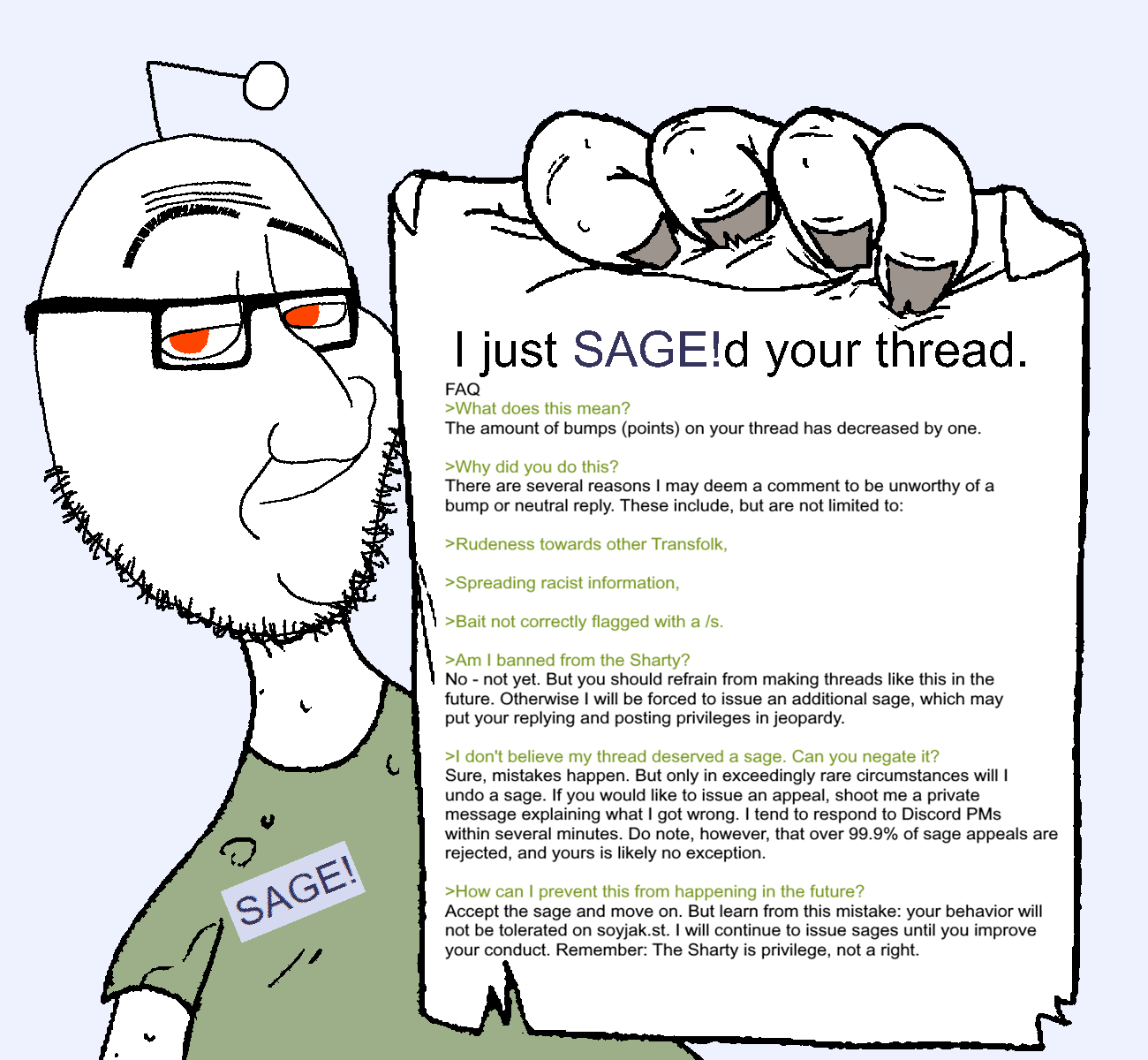 sagefag, smugjak, selfish little fuck, 'toss, antenna, blue background, clothes, copypasta, downvote, faq