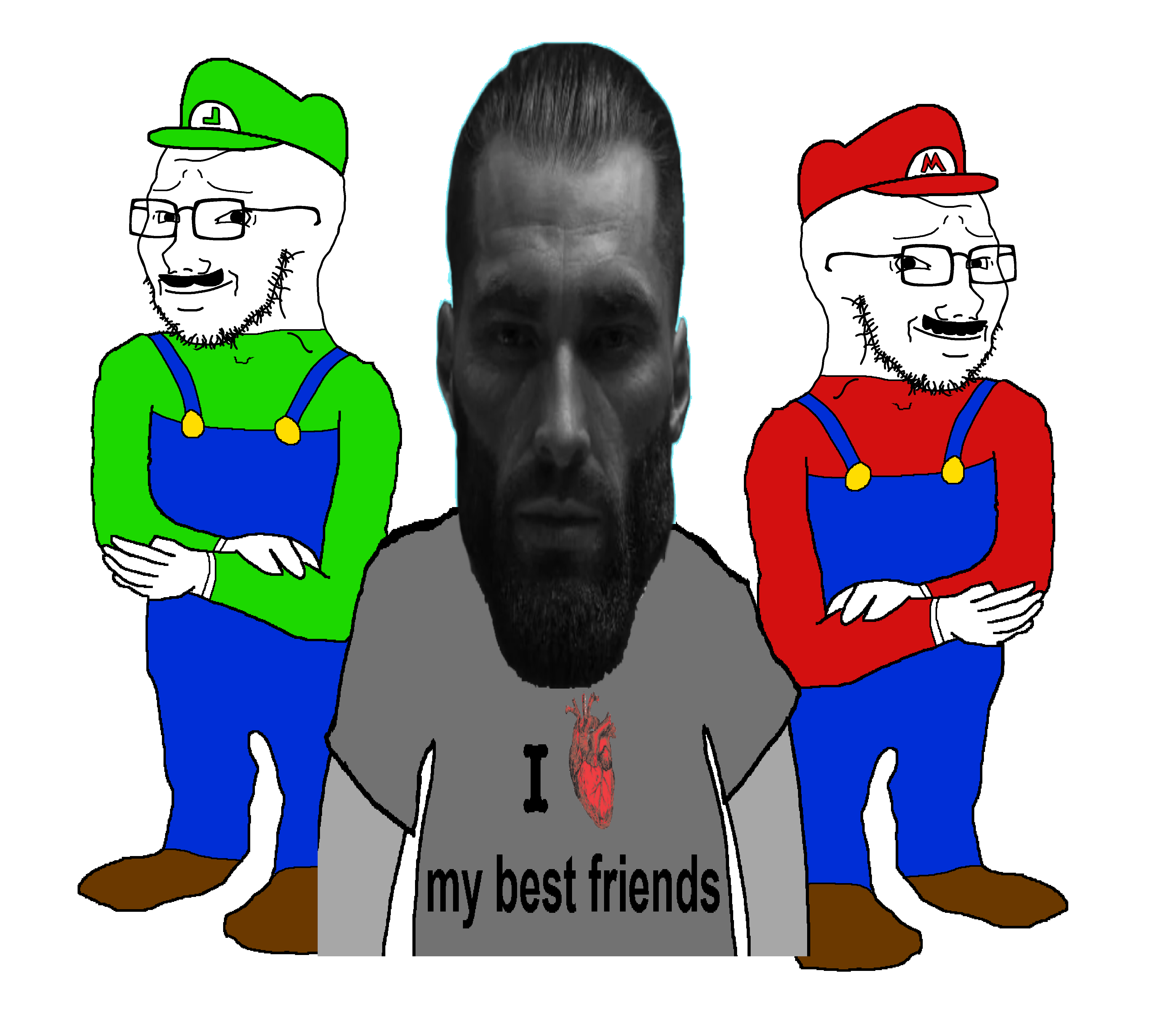 gigachad, luigi, mario, soyak, soyak (smug), soyak 3/4, 1soyjak, aliased, arms crossed, bald