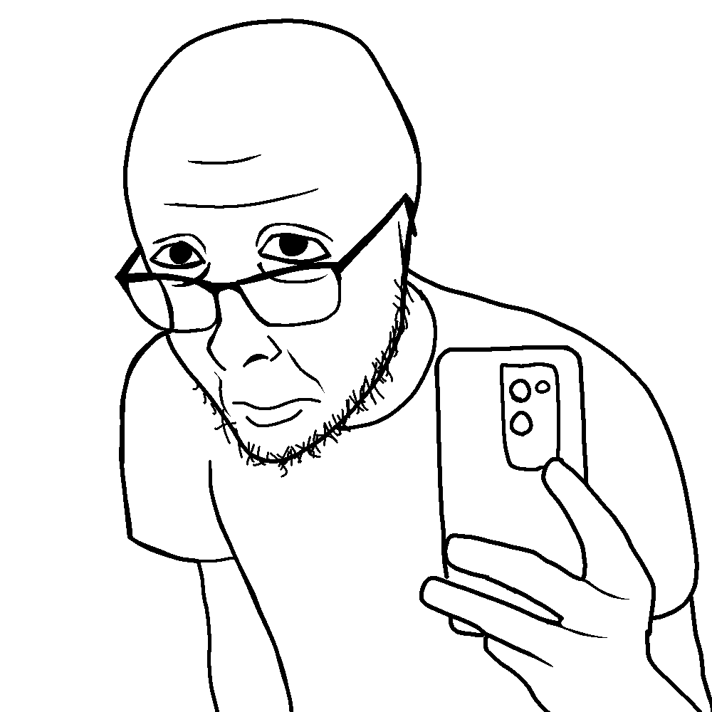 carci, 1soyjak, bald, closed mouth, depressed, forehead lines, frown, glasses, half body, hand