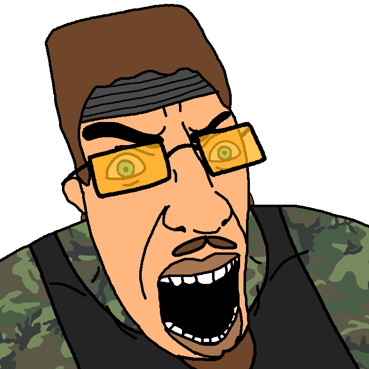 demoman (team fortress 2), chudjak, demojak, demochud, angry, black vest, brown hair, camouflage, clothes, cyan eyes