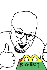 unknown, ear, glasses, hands, happy meal, mcdonalds, open mouth, soyjak, stubble, text