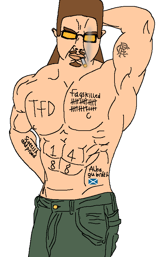 chudjak, chudjak front, 1soyjak, anti furry, brown hair, buff, cigarette, closed mouth, football, front view