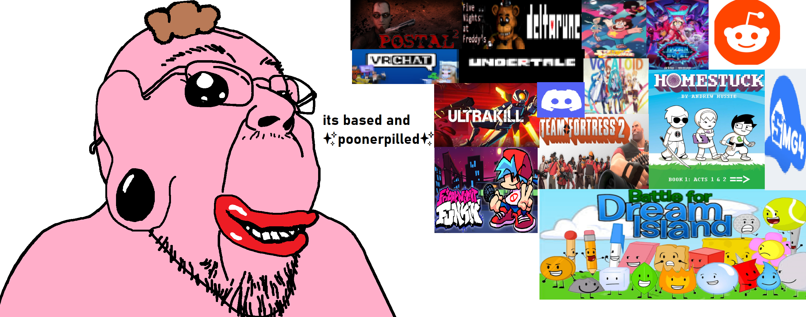 boyfriend (friday night funkin'), bernd, bernd threefourths, 1soyjak, black eyes, brown hair, discord, fat, front view, glasses