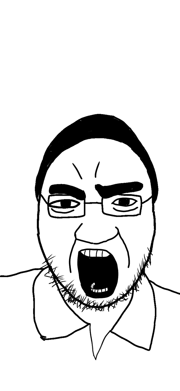 a24 slowburn soyjak, gapejak, 1soyjak, angry, black hair, fat, glasses, hair, half closed eyes, looking at you