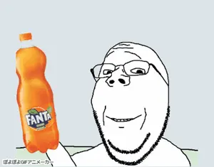 gapejak, wholesome soyjak, animated, bottle, byonbyon, closed mouth, fanta, glasses, hands, holding bottle