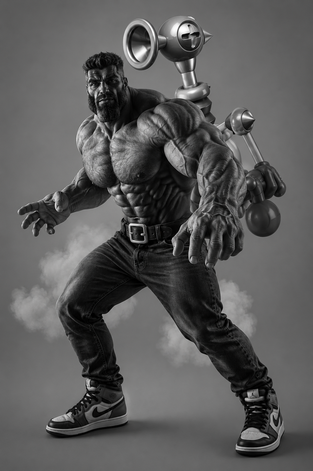 gigachad, terachad, 1nas, backpack, beard, black hair, buff, clothes, fludd, full body