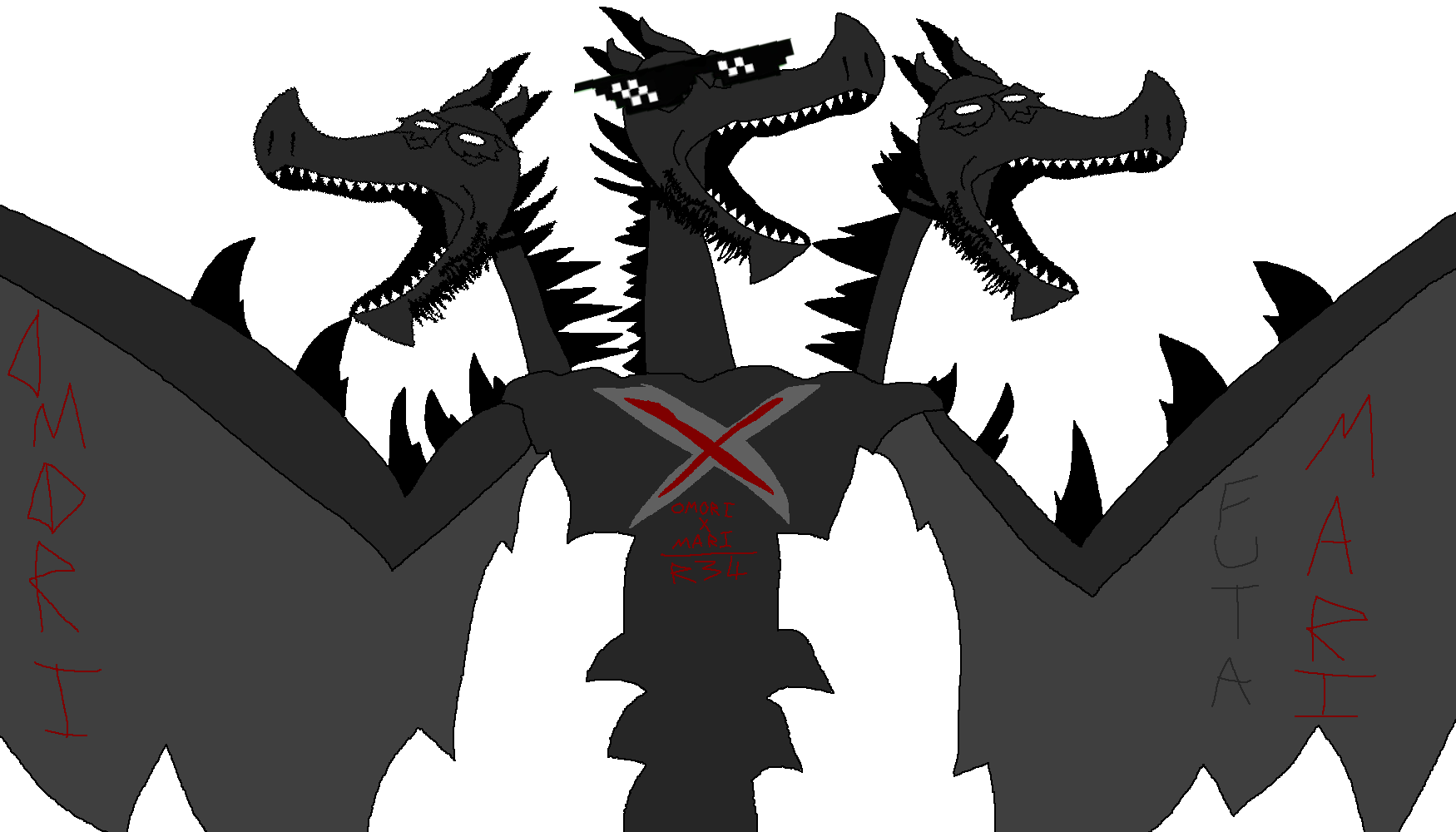 crimsonvoidhydra1488, blackdragonjak omorir34fan, dragonjak, hydrajak, trios & duos, 3soyjaks, animal, bald, dragon, front view