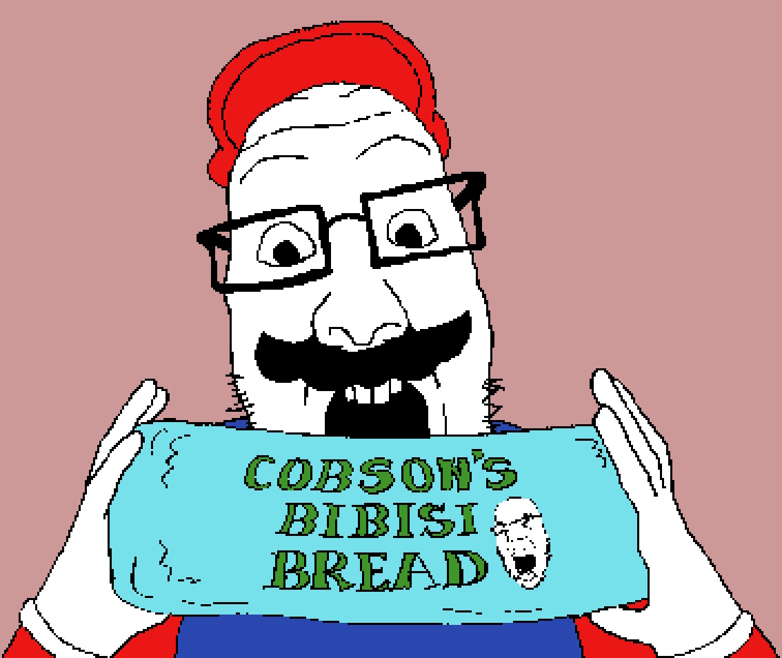mario, cobson, ppp, 2soyjaks, bbc, black hair, black mustache, blue overalls, bread, brown background