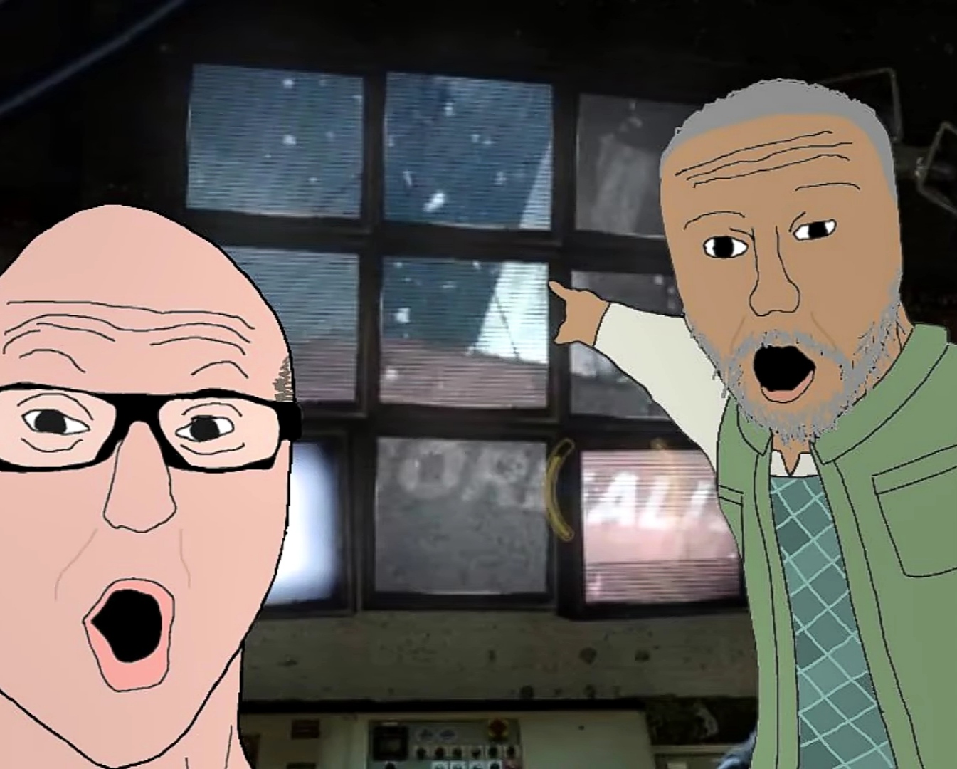 two pointing soyjaks, arm, brown skin, eli vance, glasses, gray hair, isaac kleiner, looking at you, monitor, old