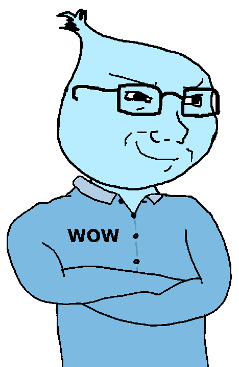 greenflamboyant person, soyak, soyak (smug), 1soyjak, bald, black eyes, blue shirt, blue skin, closed mouth, glasses