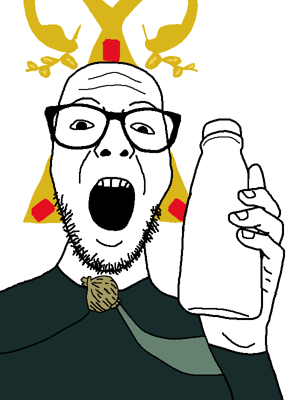 angelenojak, 1soyjak, bald, bottle, clothes, forehead lines, front view, glasses, hand, looking at you