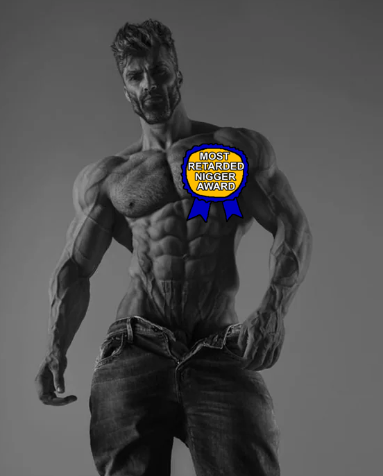 gigachad, gigachaded, almost full body, award, buff, closed mouth, clothes, gray background, gray skin, hair