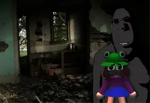 cobson, amphibian, animal, biting lip, black sclera, bucket hat, building, clothes, dark, dress