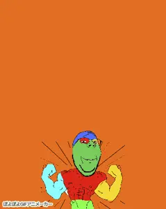 gapejak, wholesome soyjak, colorjak, animated, arm, buff, glasses, hands, orange background, poyopoyo
