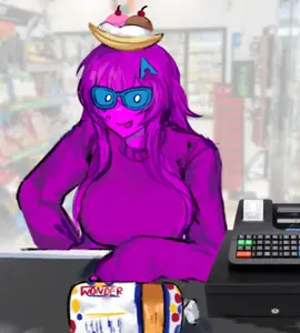 shemmysloota, femquote, arch linux, banana, banana split ice cream, big breasts, blue glasses, breasts, building, cash register