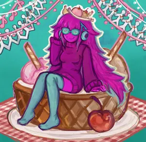 femquote, arch linux, banana, banana split ice cream, basket, blue glasses, breasts, cherry, closed eyes, clothes
