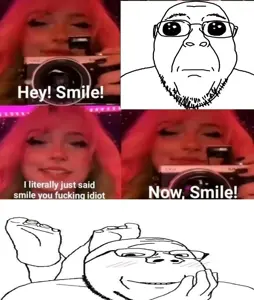 bernd, gapejak, wholesome soyjak, oh my god she is so attractive, blush, camera, closed mouth, egirl, glasses, smile