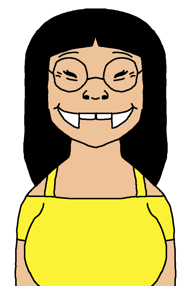 soykio kid, soykio girl, soykio girl front, femjak, asian, asian female, black hair, closed mouth, crooked teeth, fangs