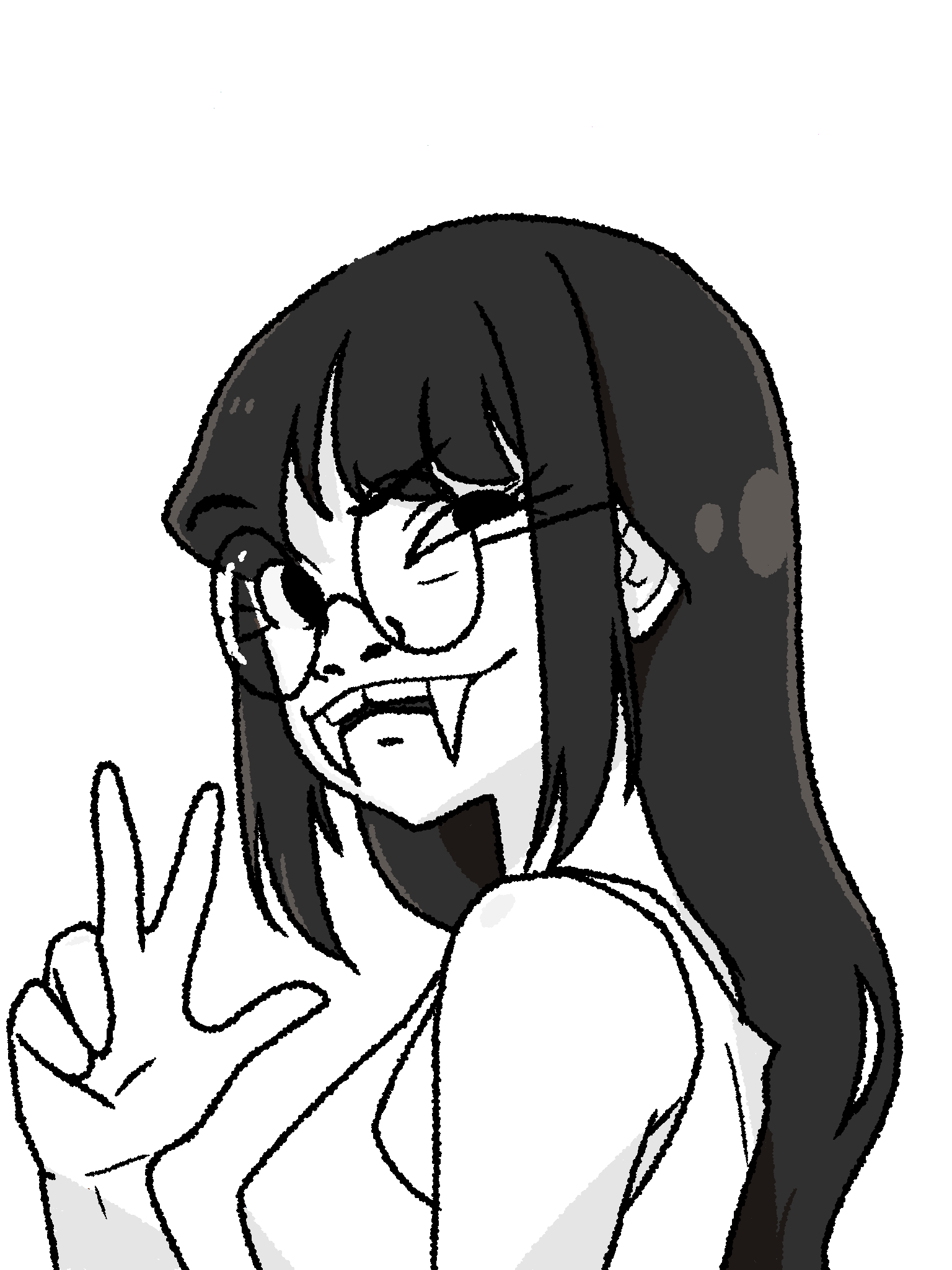 soykio kid, soykio girl, soykio girl front, femjak, 1soyjak, asian, asian female, dark hair, ear, fangs