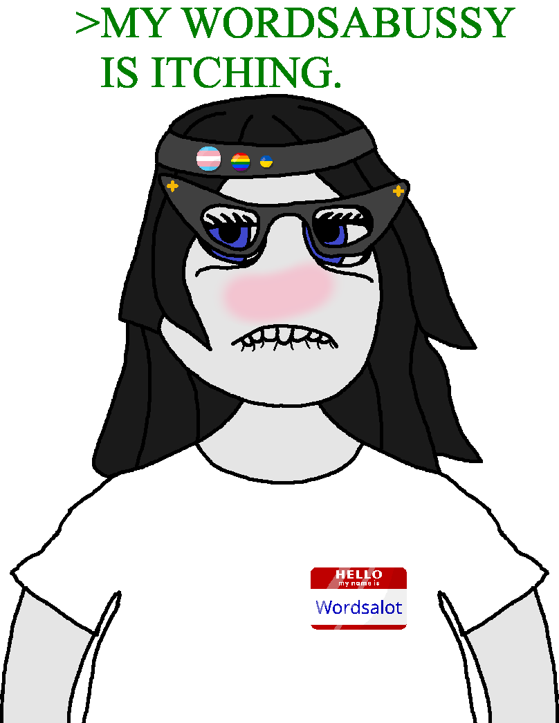 soytan, 1soyjak, biting lips, biting tongue, black hair, blue eyes, bowl cut, closed mouth, front view, greentext