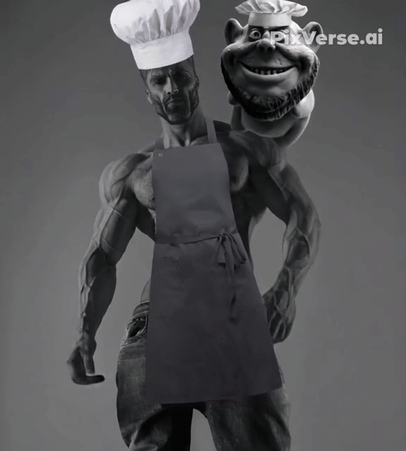 gigachad, gapejak, impish soyak ears, gigachef, 1soyjak, animated, bald, buff, cake, candy