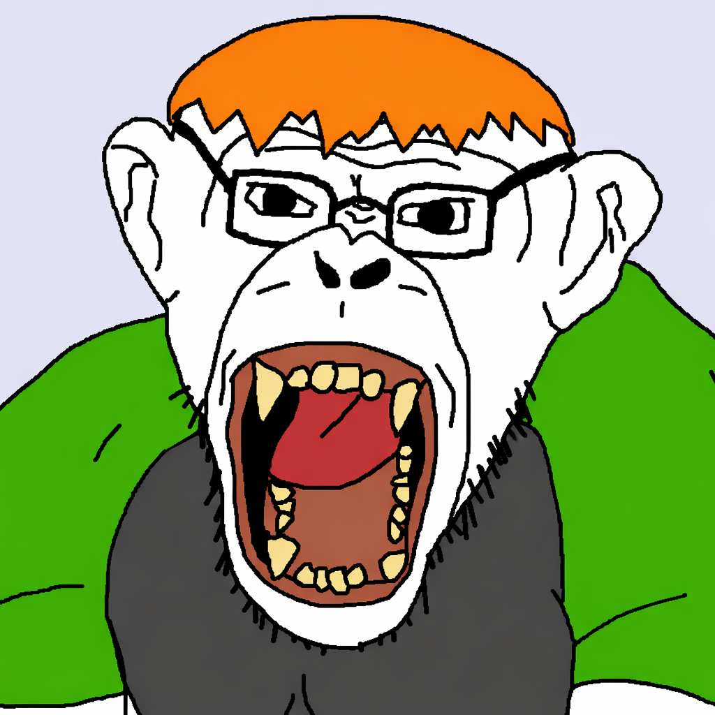 sean, monkeyjak, 1soyjak, angry, animal, black eyes, clothes, ear, ginger, glasses