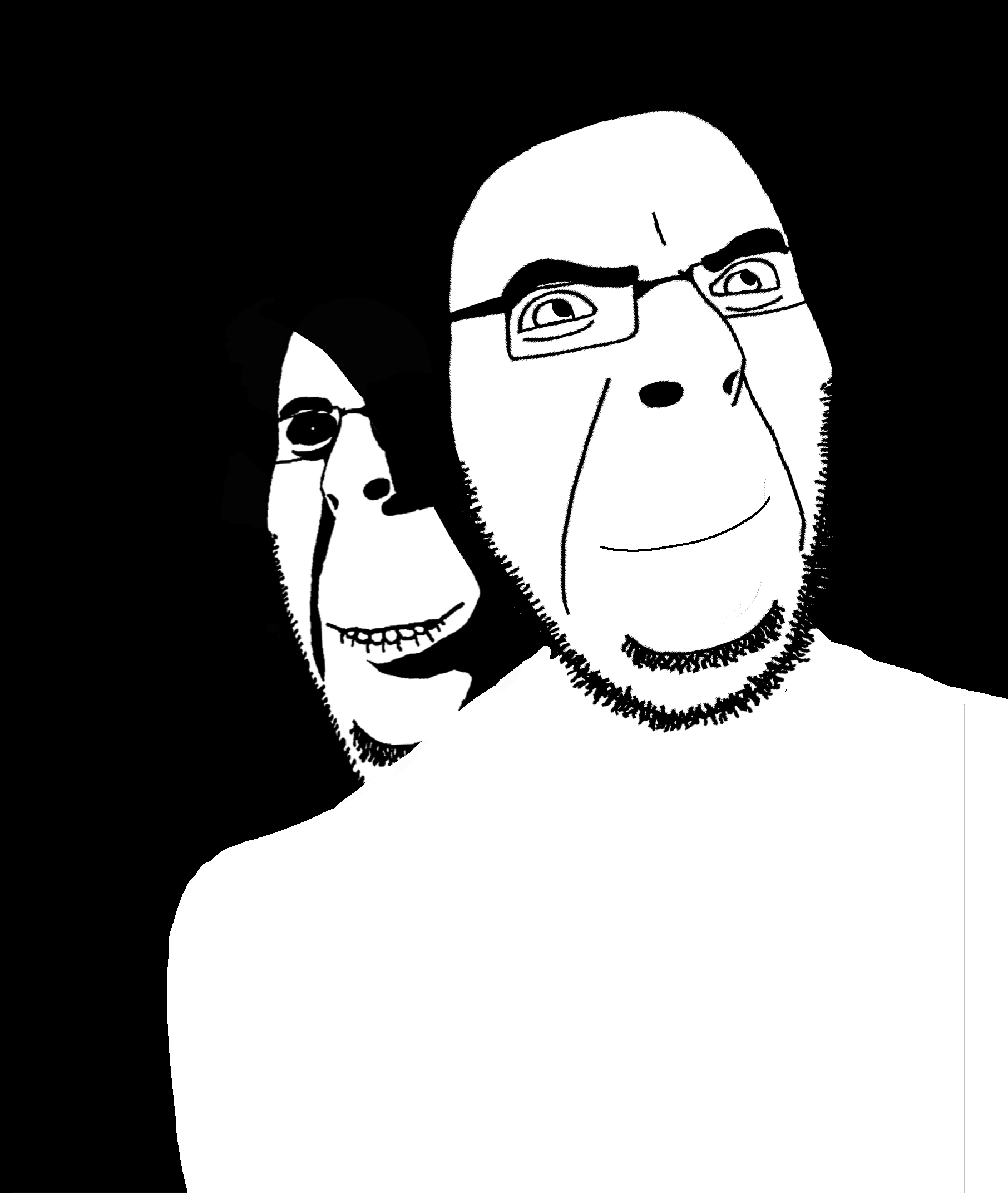 rapeson, cobson, hornyson, rapeson, 2soyjaks, bald, black background, black eyes, black hair, buff