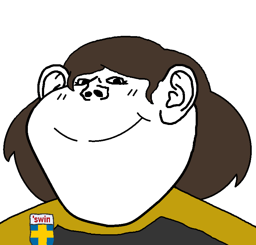 lars, impish soyak ears, female impish ears, femjak, 1soyjak, black eyes, brimmiest comments section☣️☣️☣️ do not enter☣️☣️☣️, brown hair, closed mouth, fat