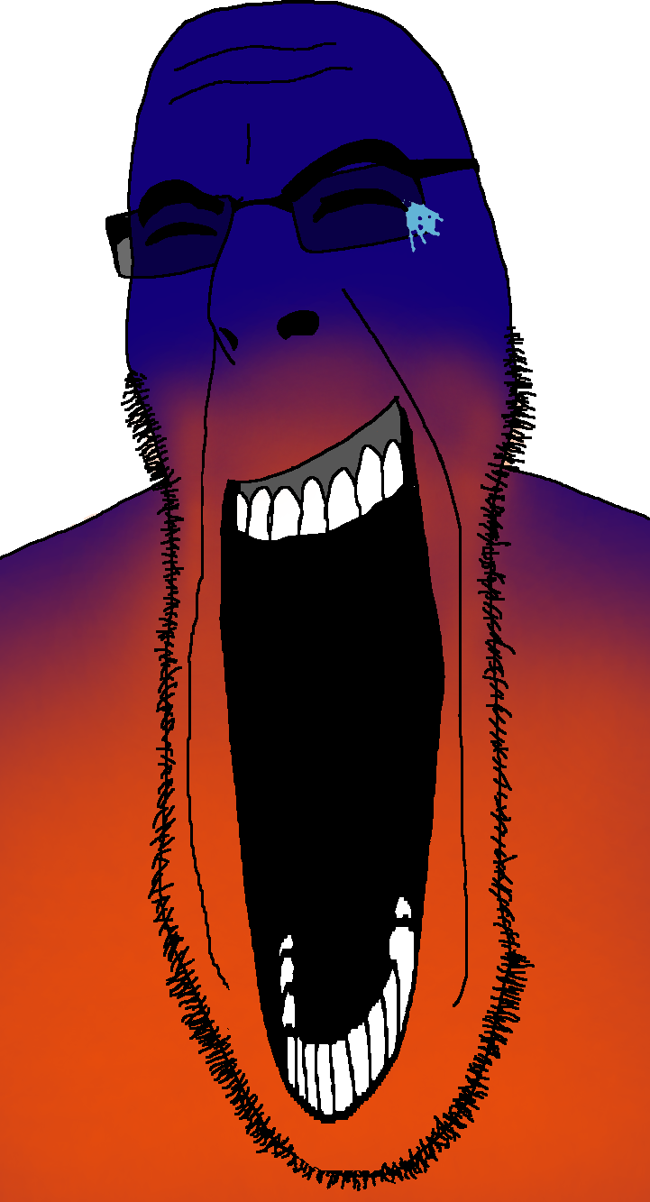 cobson, 1soyjak, bald, blue skin, buff, closed eyes, front view, glasses, laughing, looking at you