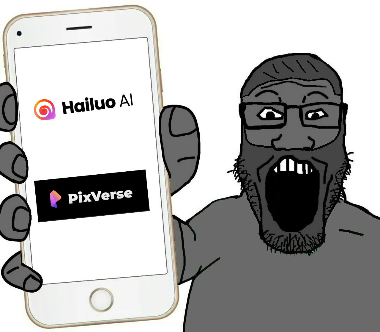 gigachad, markiplier soyjak, phoneplier vertical, showing phone, 1soyjak, gray skin, hailou ai, hailuo ai, hair, holding object