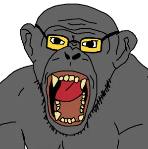 monkeyjak, 1soyjak, admin, angry, bald, black eyes, ear, front view, gaping mouth, glasses
