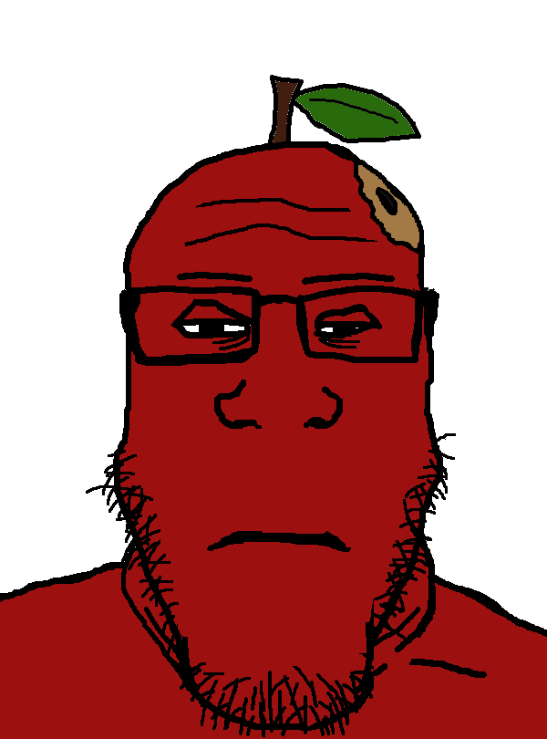 markiplier soyjak, neutralplier, 1soyjak, apple, black eyes, closed mouth, food, front view, frown, fruit